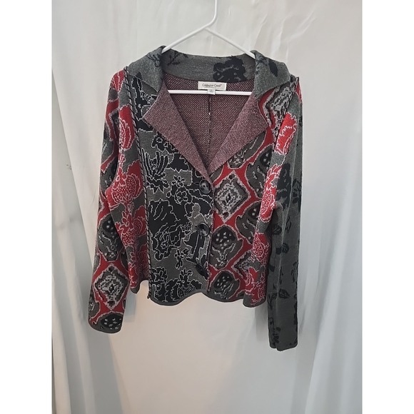 Coldwater Creek Knit Cardigan Sweater Size XL Gray Red Black Wool Blend Buttonup - Picture 1 of 15